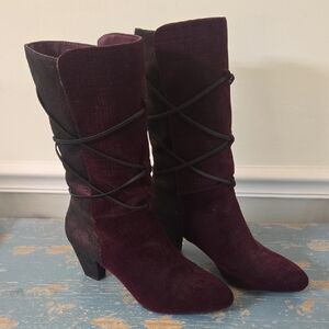 Burgundy Velvet Heeled Boots